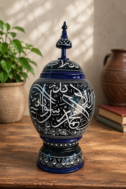 Handcrafted Wooden Naqshi Art Islamic Calligraphy Decorative Jar 16*8"