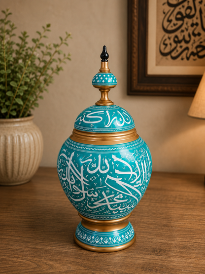 Handcrafted Wooden Naqshi Art Islamic Calligraphy Decorative Jar 16"*8"