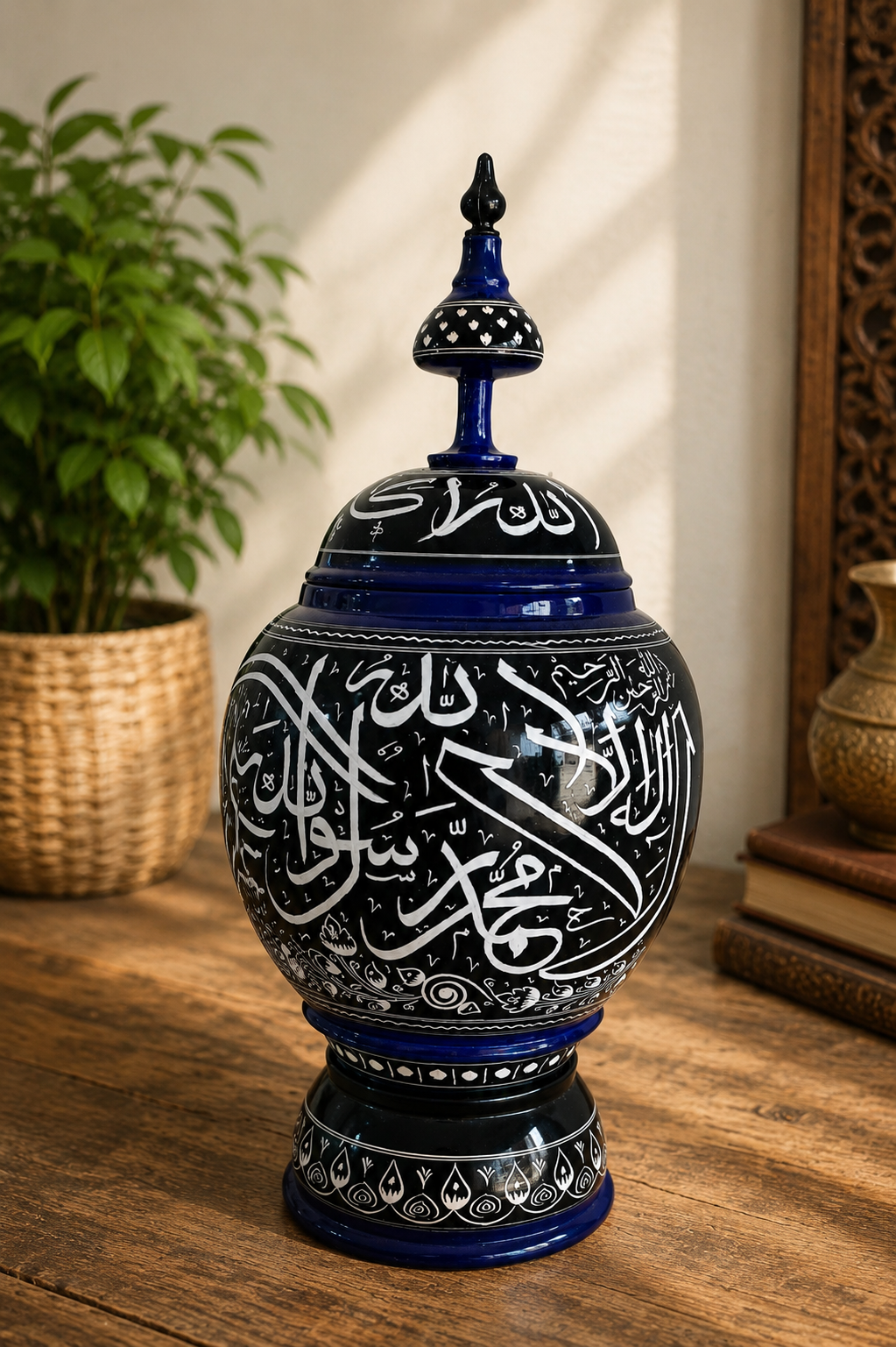 Handcrafted Wooden Naqshi Art Islamic Calligraphy Decorative Jar 16*8"