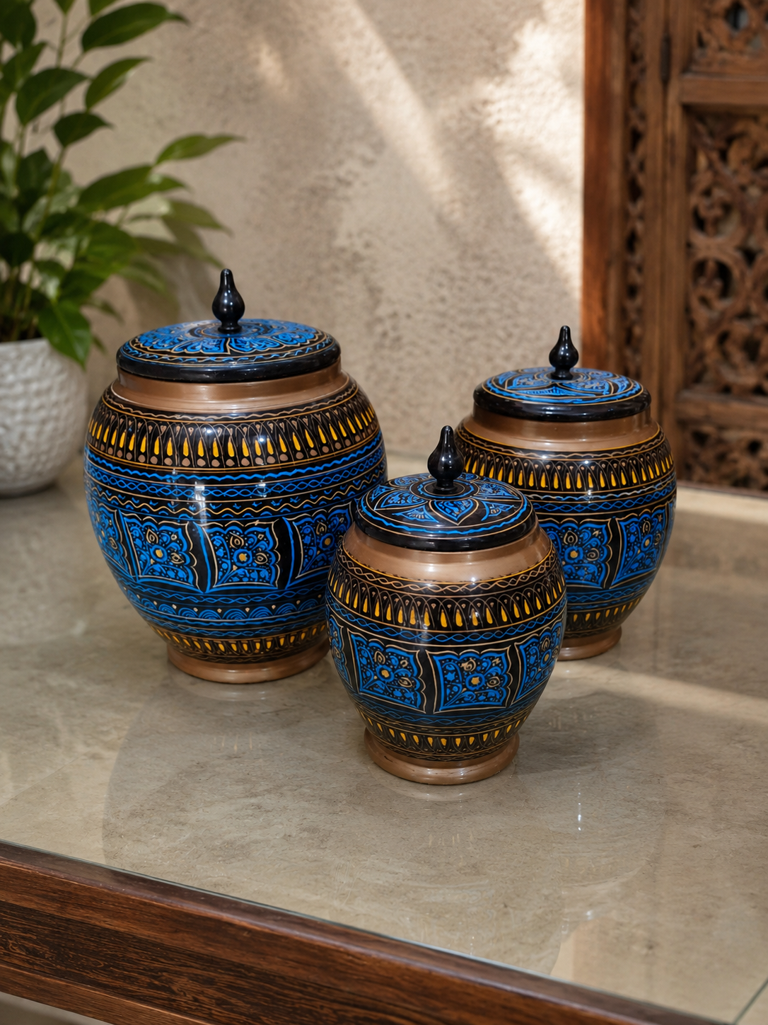Handcrafted Wooden Naqshi Art Candy Jar Set of 3