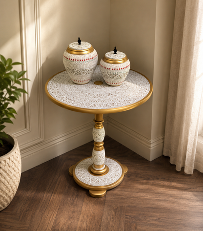 Handcrafted Wooden Naqshi Art Coffee Table with Decorative Jar Set