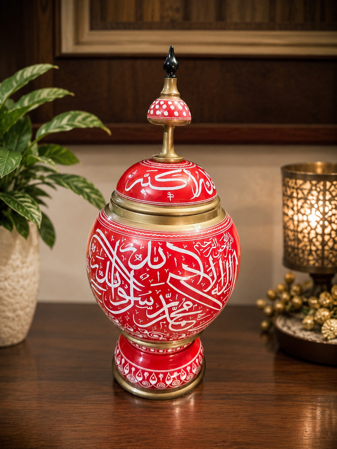 Handcrafted Red ISLAMIC Calligraphy Decorative Jar with Lid – Elegant Islamic Home Décor