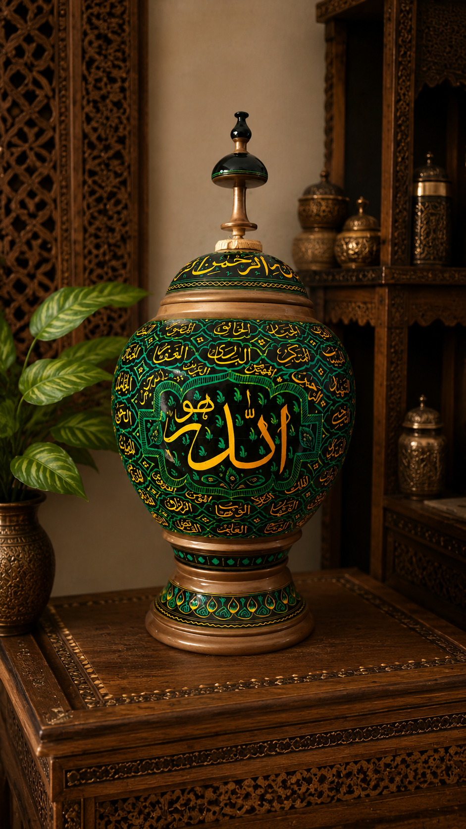Royal Antique Hand-Carved Islamic Naqshi Wooden Candy Jar 18"