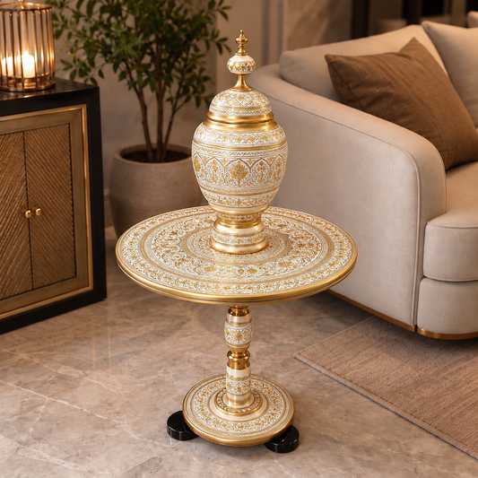 Lovely White & Golden Handmade Wooden Naqshi Art Coffee Table with Decorative Jar