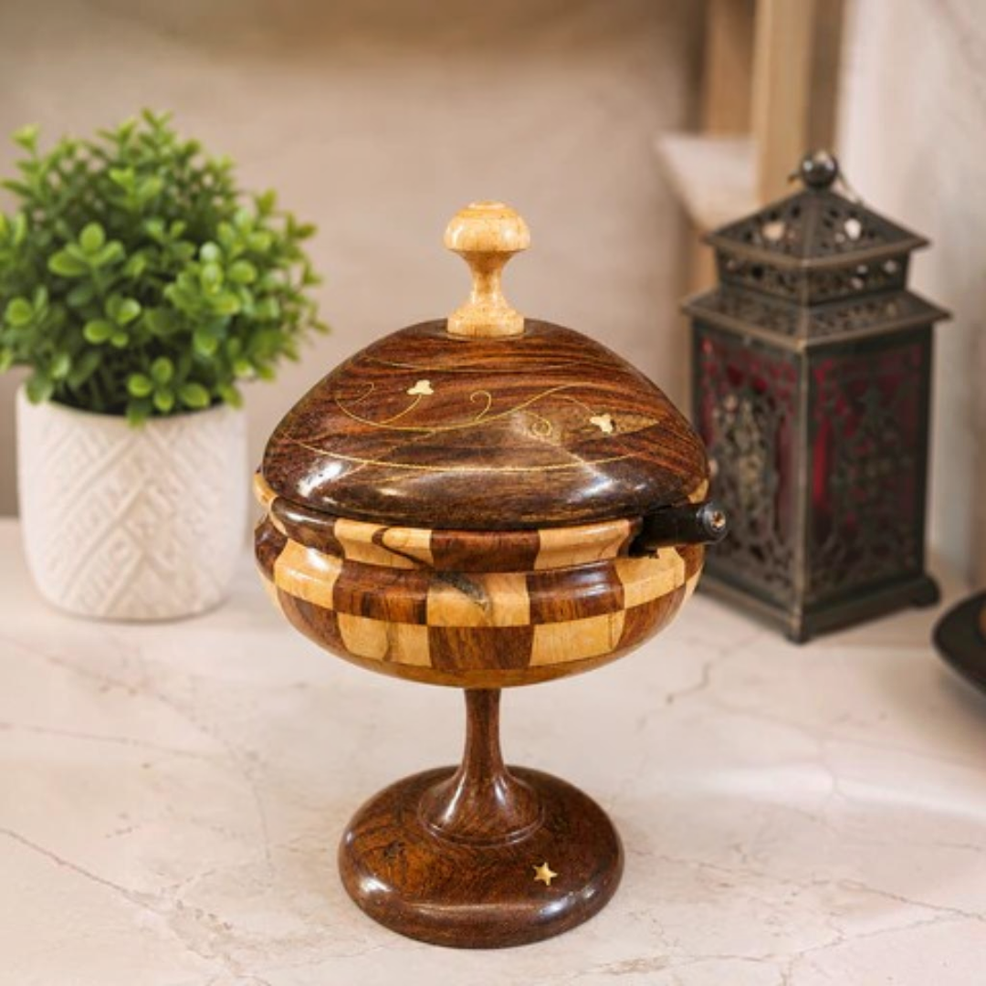 Premium Wooden Sugar Pot with Elegant Brass Work & Spoon( 10 Inches Hieght 5 Inches Round)