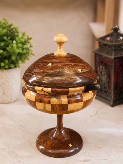 Premium Wooden Sugar Pot with Elegant Brass Work & Spoon