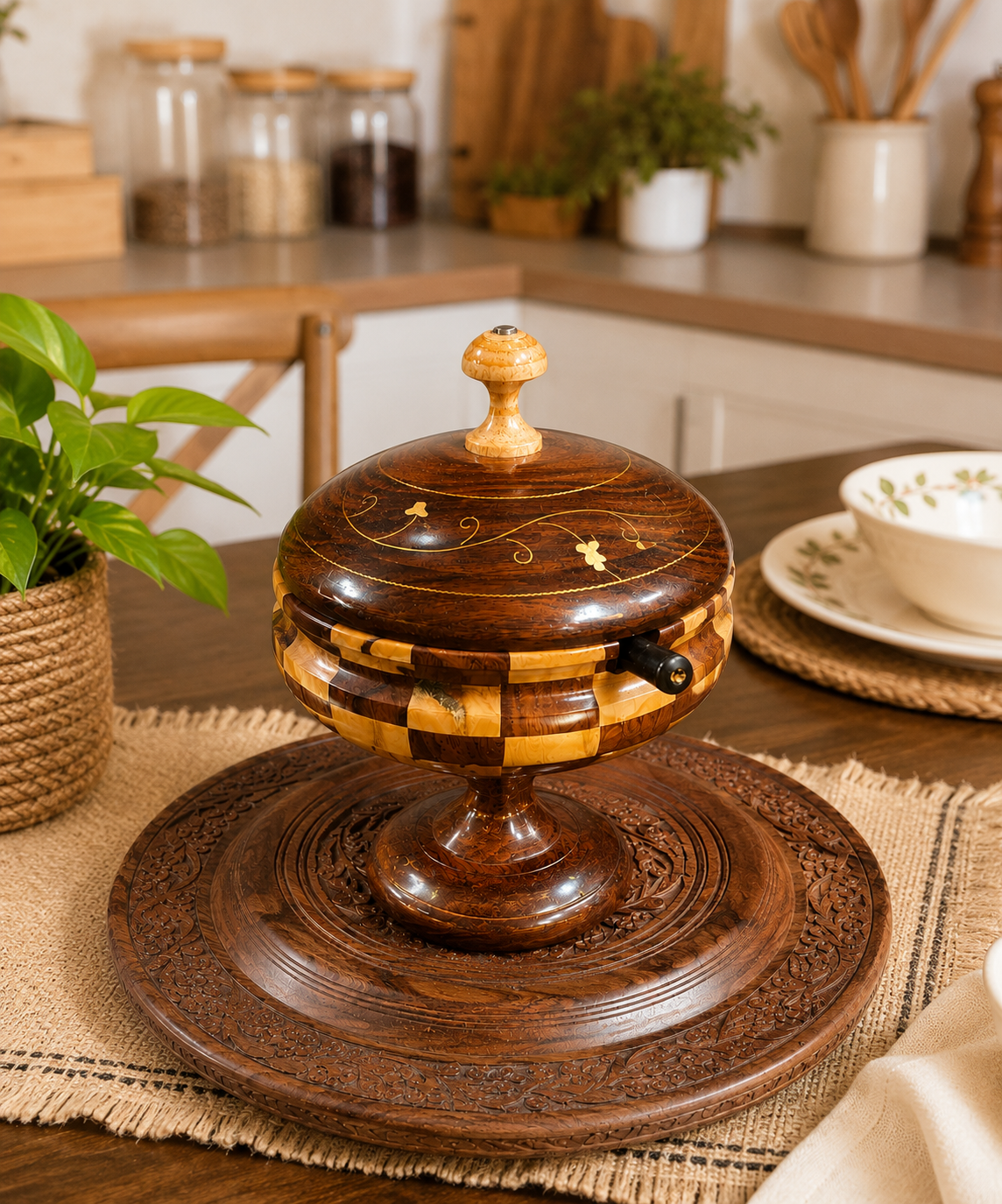 Premium Wooden Sugar Pot with Elegant Brass Work & Spoon