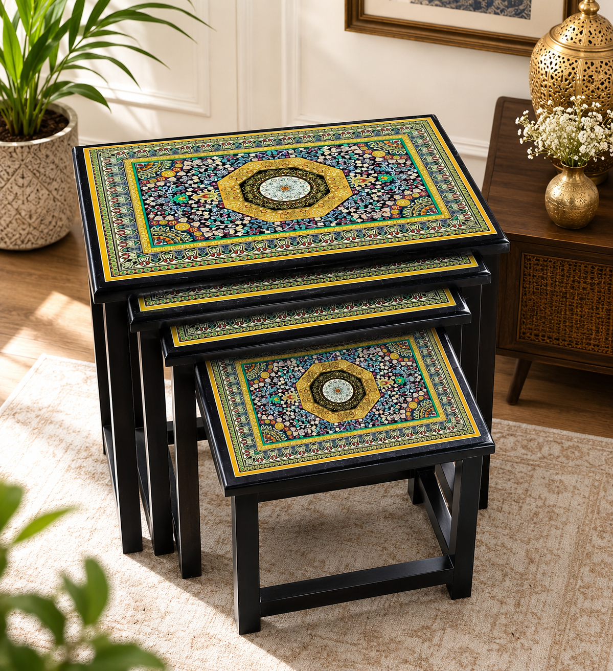 Luxury Wooden Handmade Nesting Table Set (4 Pieces) – Exquisite Art Work & Home Décor