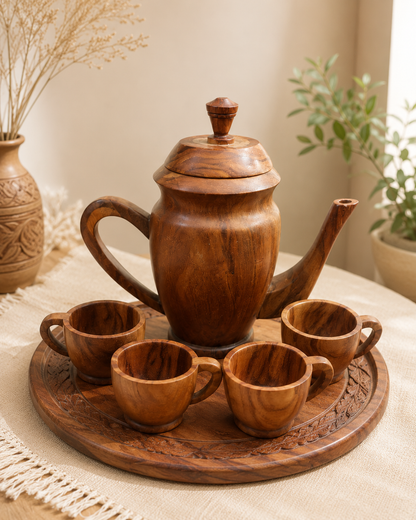 Handcrafted Pure Sheesham Wood Tea Set – Premium Quality & 100% Usable