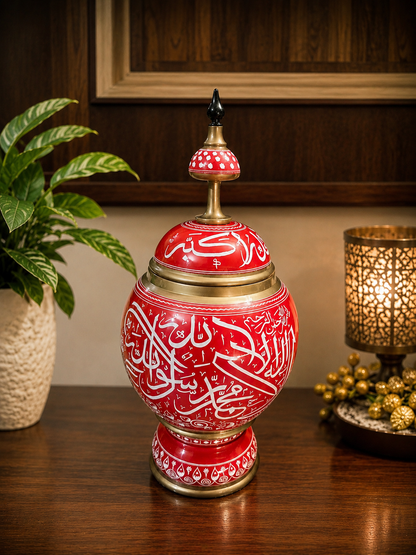 Handcrafted Red ISLAMIC Calligraphy Decorative Jar with Lid – Elegant Islamic Home Décor