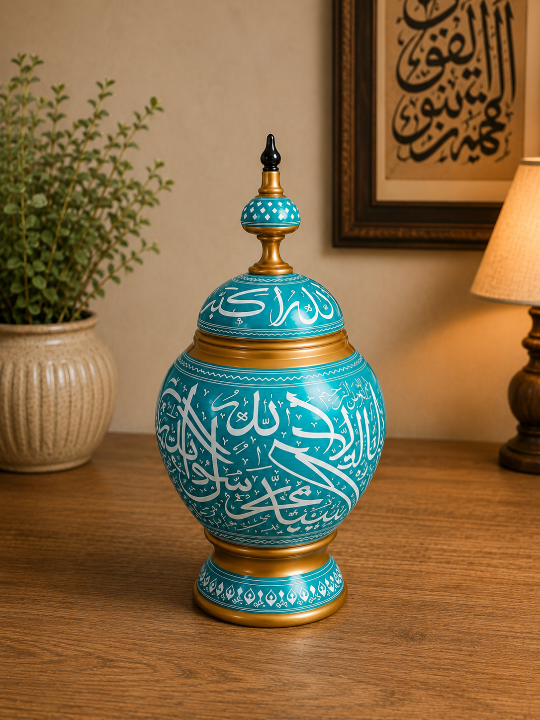 Handcrafted Wooden Naqshi Art Islamic Calligraphy Decorative Jar 16"*8"