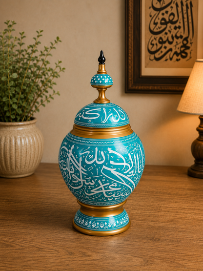 Handcrafted Wooden Naqshi Art Islamic Calligraphy Decorative Jar 16"*8"
