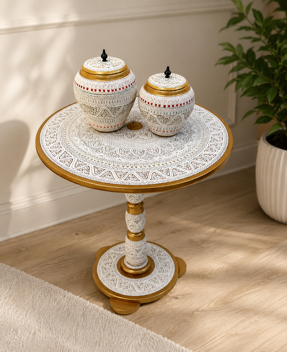 Handcrafted Wooden Naqshi Art Coffee Table with Decorative Jar Set