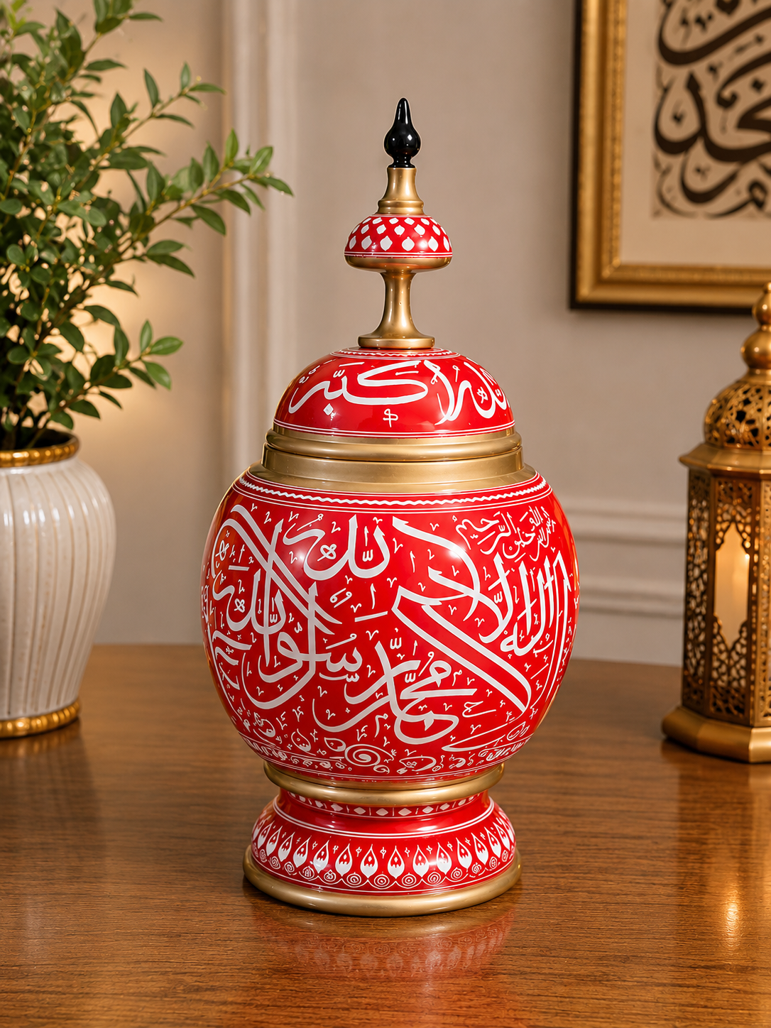 Handcrafted Red ISLAMIC Calligraphy Decorative Jar with Lid – Elegant Islamic Home Décor
