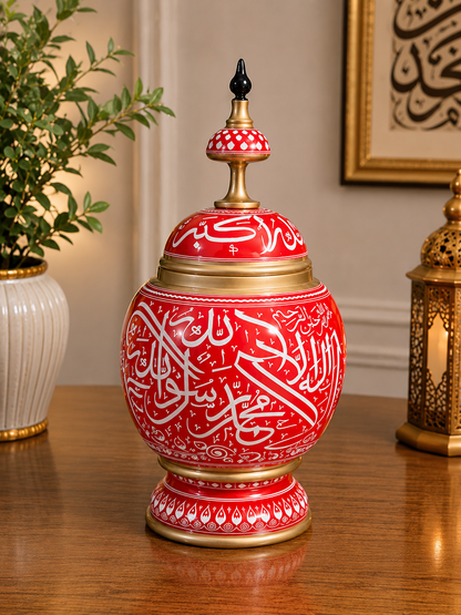 Handcrafted Red ISLAMIC Calligraphy Decorative Jar with Lid – Elegant Islamic Home Décor