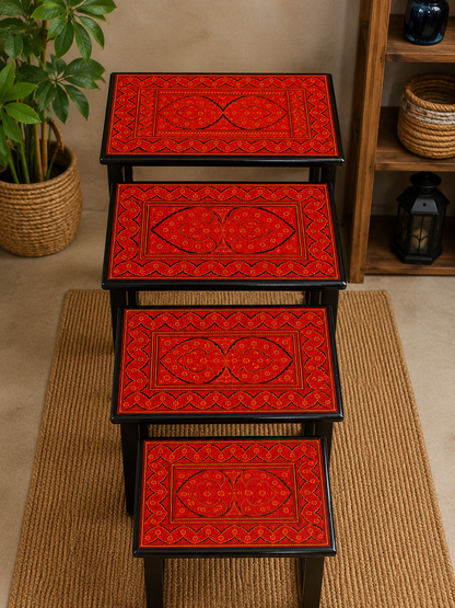 ❤️ Introducing the Exclusive Red Naqshi Art 4-Piece Nesting Table Set ✨