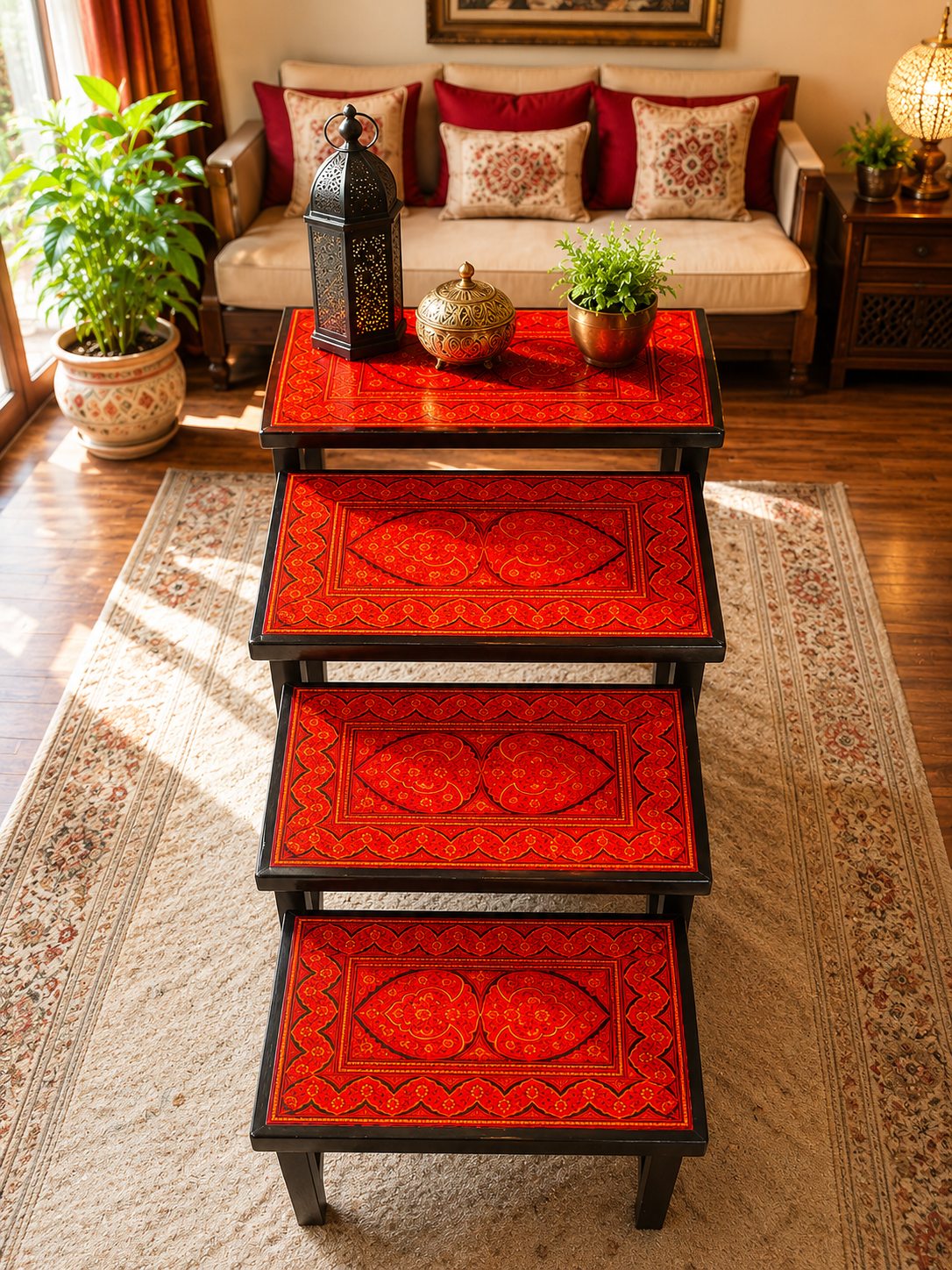 ❤️ Introducing the Exclusive Red Naqshi Art 4-Piece Nesting Table Set ✨