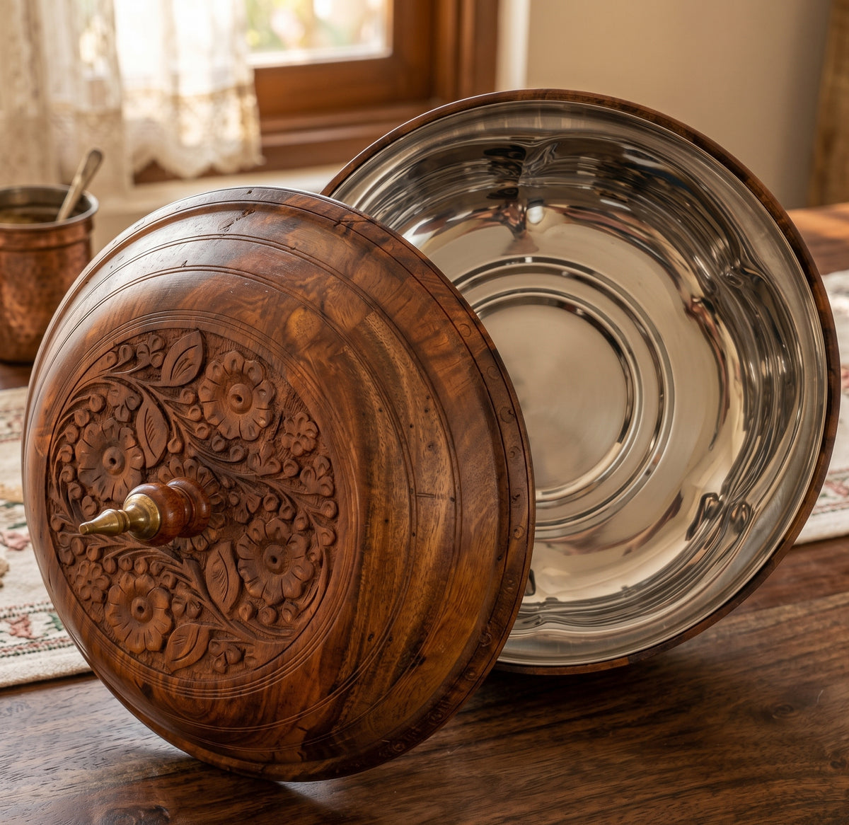Beautiful Antique Wooden Hand made Carving work  Hotpot with Steel