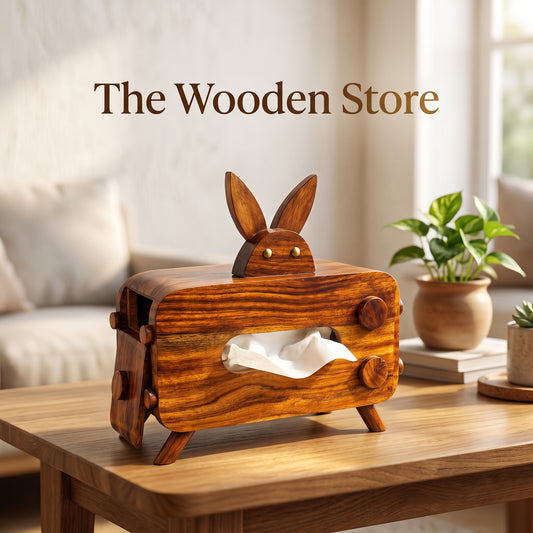 Handcrafted Sheesham Wood Rabbit Tissue Holder – Elegant Wooden Home Décor