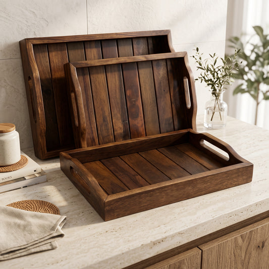 Beautiful Solid Sheesham wooden handmade Mulberry Wooden Tray Set (Dark Brown)( small 11, medium 13,Large 14 Inches)