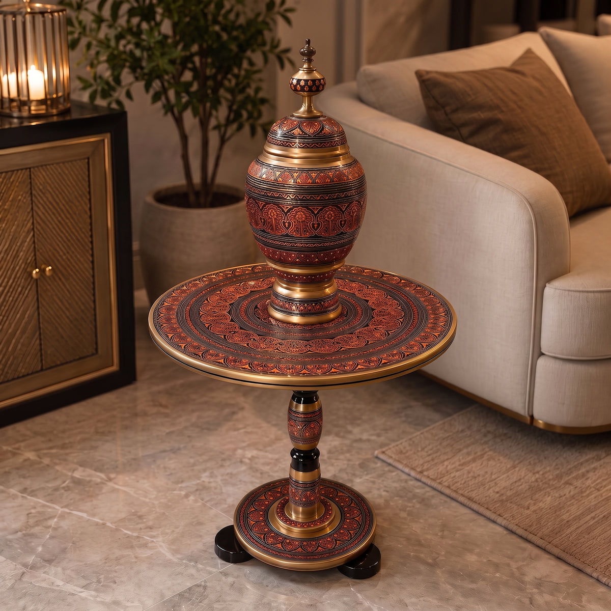 Red Royal Naqshi Art Handmade Wooden Coffee Table with Candy Jar