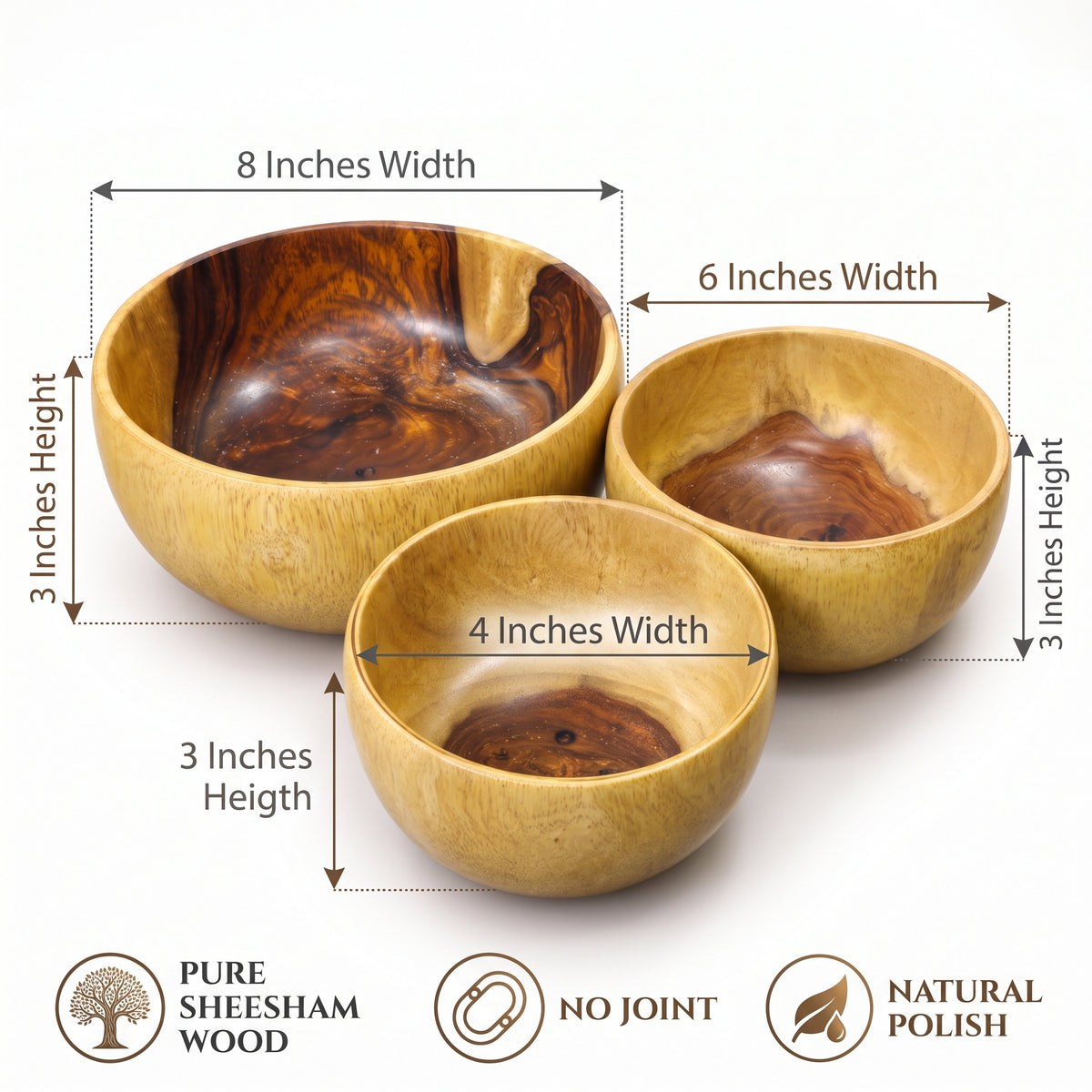 Premium Sheesham Wooden  Bowls – Set of 3 | Solid One-Piece Craftsmanship