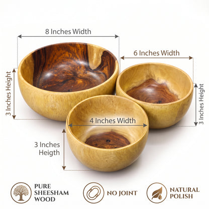 Premium Sheesham Wooden  Bowls – Set of 3 | Solid One-Piece Craftsmanship