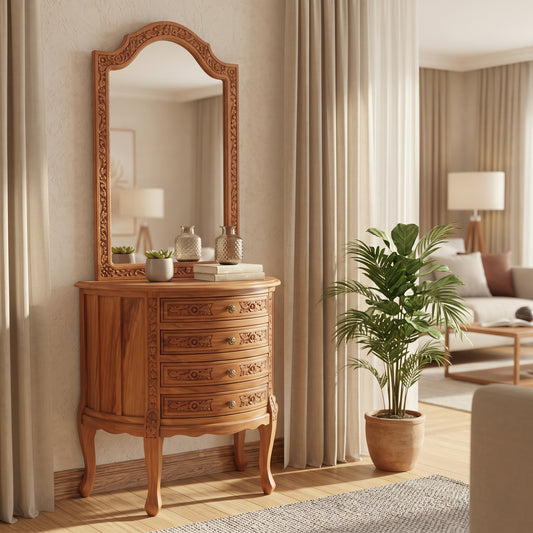 The Royal Carved Vanity: Solid Sheesham Wood Dressing Console with Brass Inlay(Without Mirror)