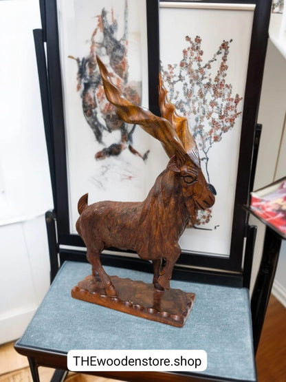 Handcrafted Wooden Markhor Sculpture