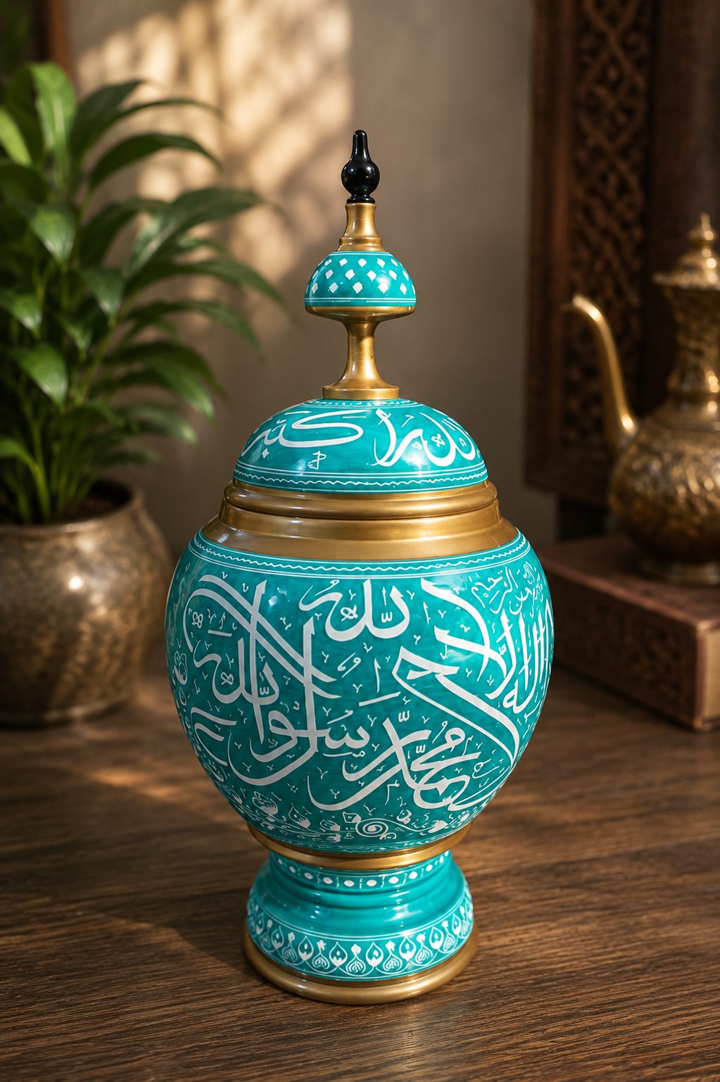 Handcrafted Wooden Naqshi Art Islamic Calligraphy Decorative Jar 16"*8"