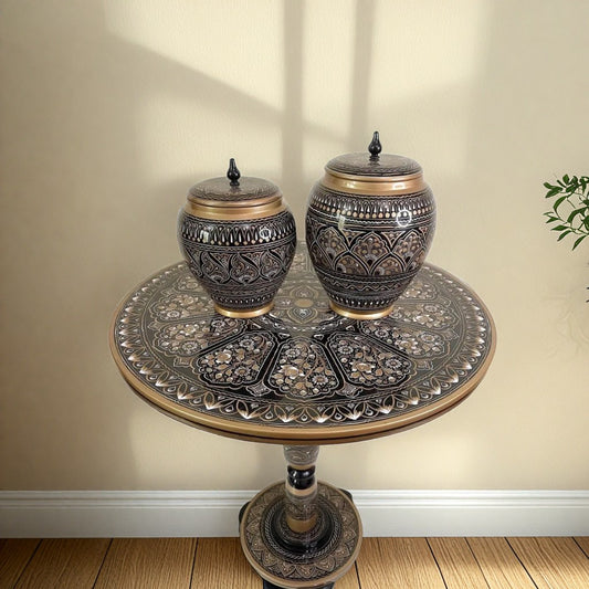 Wooden Naqshi Art Table With 2 Candy Jars( Table 16*16 inches)(18*18)candies jars 5*6 inches)