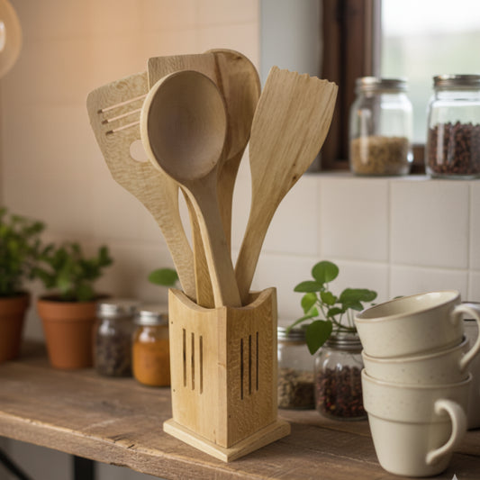 Wooden Cooking Spatulas With Pot Set of 6