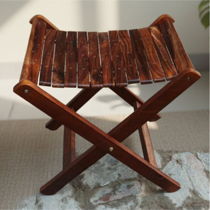 Handmade Foldable Wooden Stool with Premium Brass Work – Pure Sheesham Wood | 20” Height × 21” Length × 12” Width