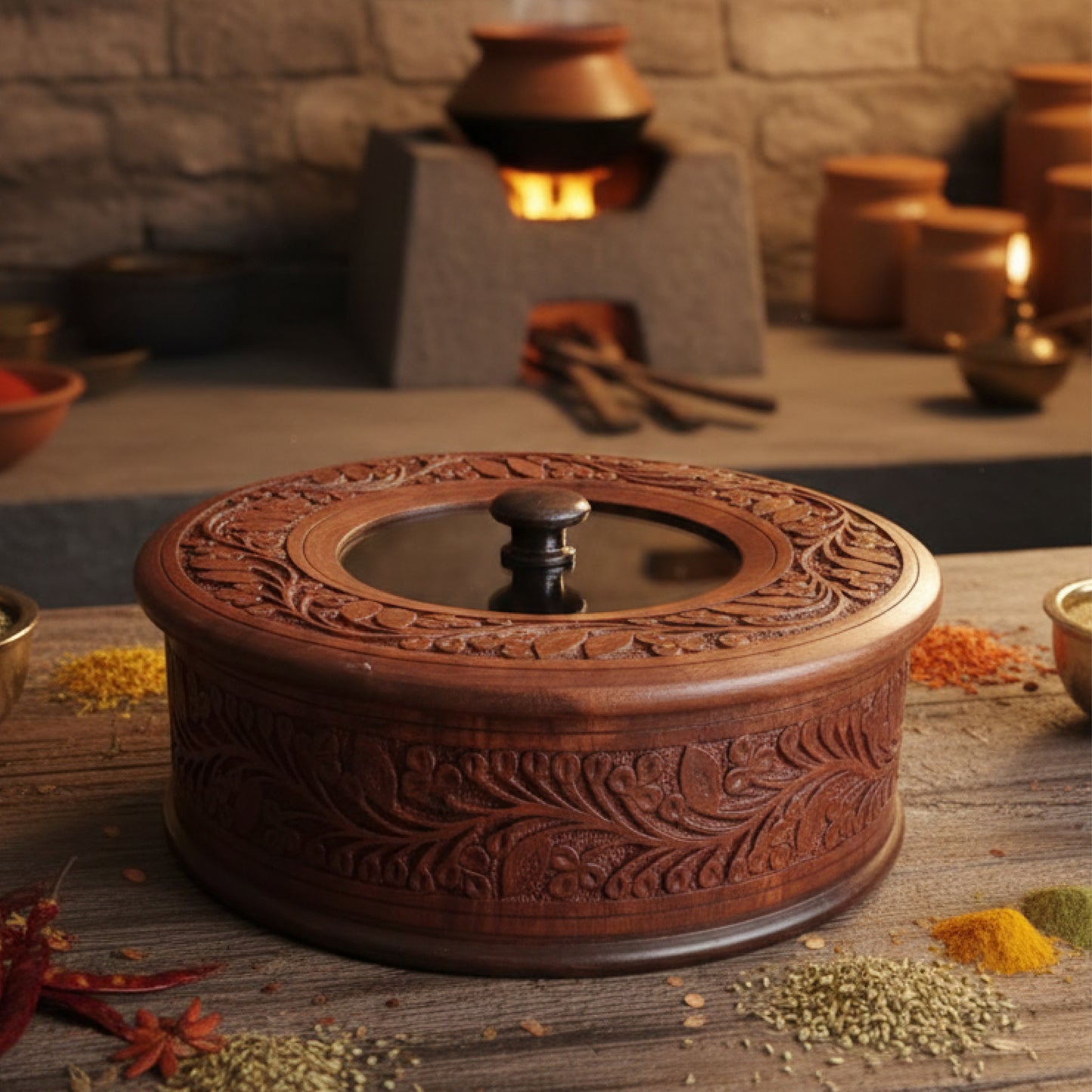 “Royal Sheesham Hotpot Carving Work  With Glass Lid– The Wooden Store Edition”