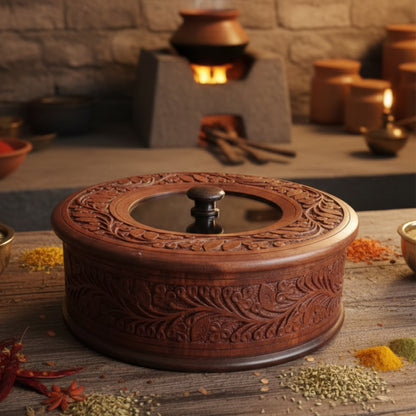 “Royal Sheesham Hotpot Carving Work  With Glass Lid– The Wooden Store Edition”