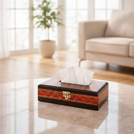 Handcrafted Wooden Tissue Box – Naqshi Art With Lock – Dark Red & Black – 6x11 inch