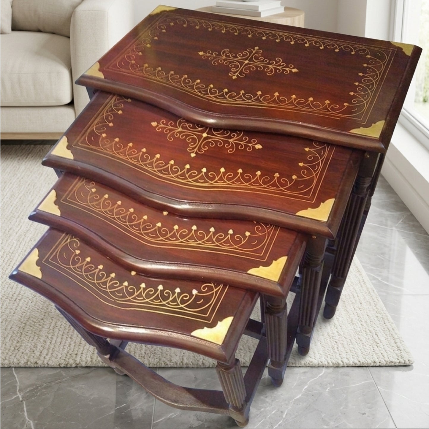 The Curve Elegance: Solid Sheesham Wood Nesting Tables (Set of 4) with Stylish Legs