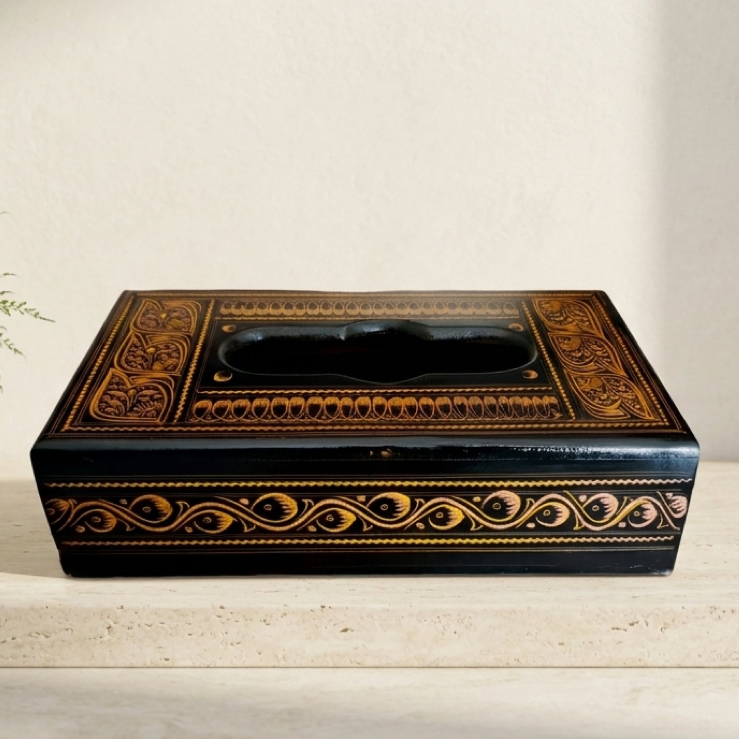 Handcrafted wooden tissue box- Black Naqshi Art Work( 6*11) Inches