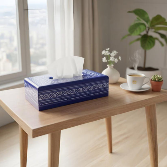 Handcrafted Wooden Tissue Box – Naqshi Art – Blue and White Potry – 6x11 inch