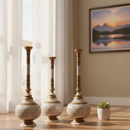 Wooden handmade Naqshi Art Vase Set of 3 white and Blue & black Design in 3 Sizes antique(20*22*24) Inches ( can buy 1 piece also)for Decor
