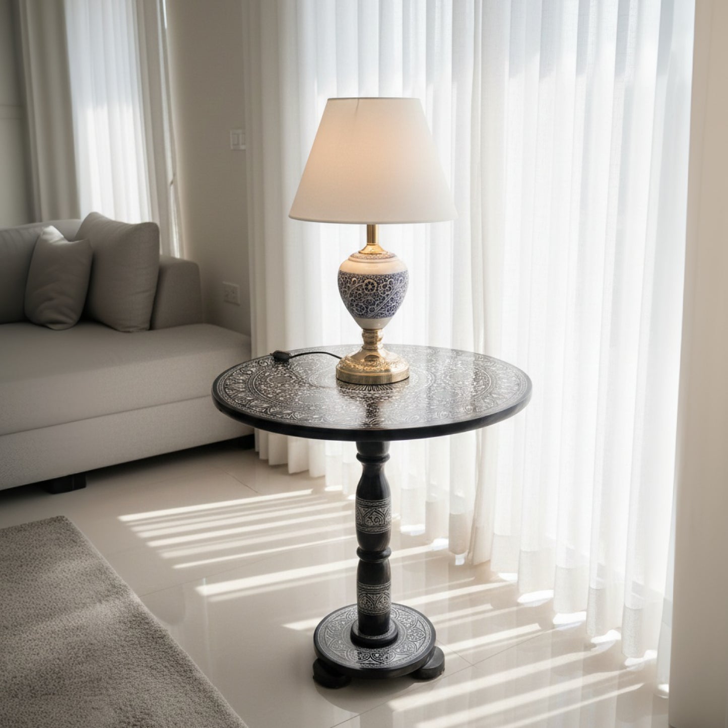 Wooden Table & Lamp Naqshi Art Work Blue Potry( Table Size 18 Inches)