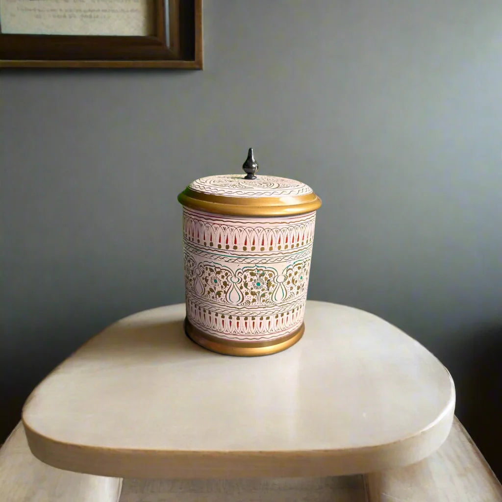 Wooden Candy Jar With White Naqshi Art( 4 Inches)