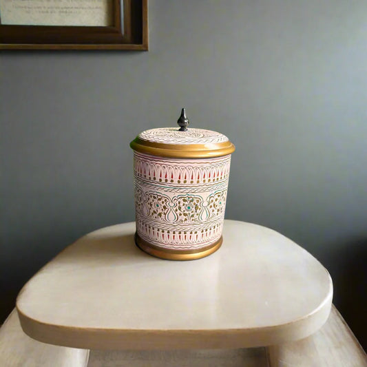 Wooden Candy Jar With White Naqshi Art( 4 Inches)