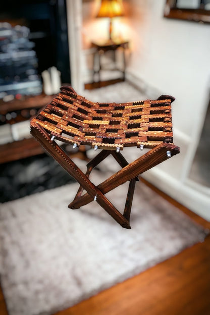 Handmade Foldable Wooden Stool with Premium Brass Work – Pure Sheesham Wood | 20” Height × 21” Length × 12” Width