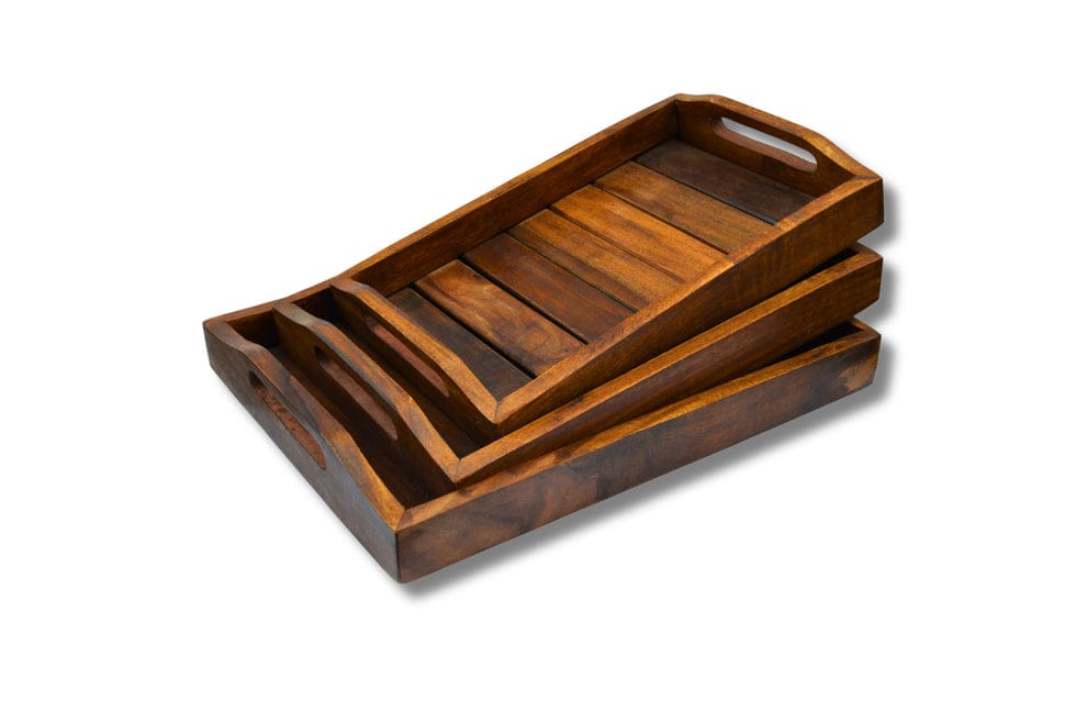 Beautiful Solid Sheesham wooden handmade Mulberry Wooden Tray Set (Dark Brown)