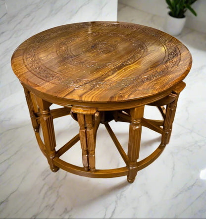 Round Sheesham Wood Coffee Table Mongol Style Dinning (1 Main+ 6 Stools) 🌿