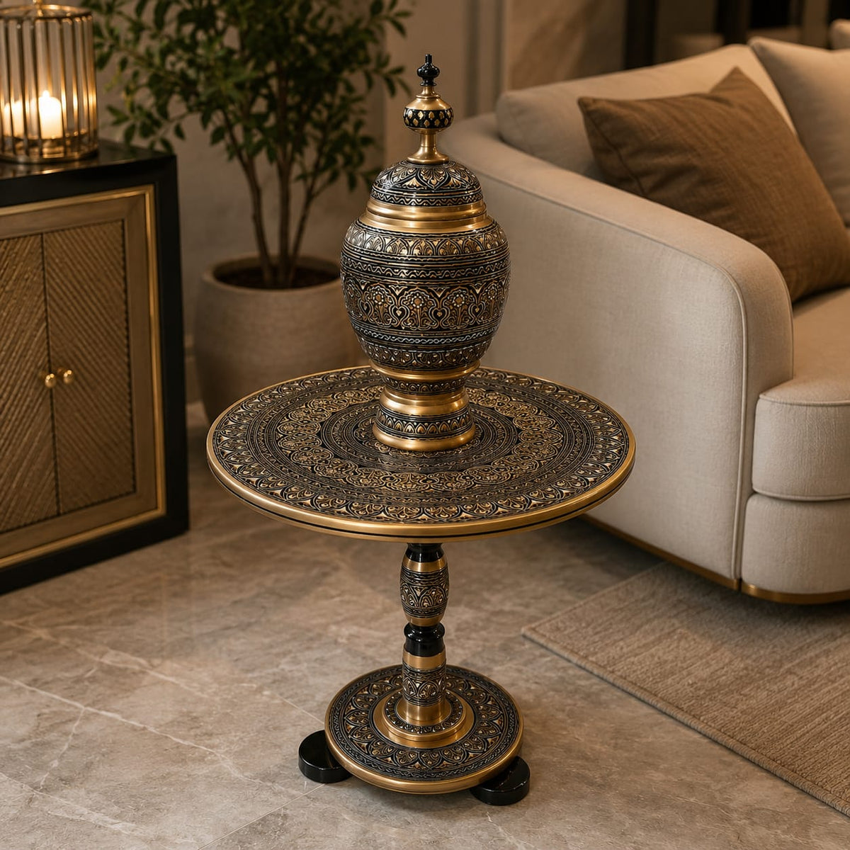 Royal Black & Golden Naqshi Art Handmade Wooden Coffee Table with Candy Jar