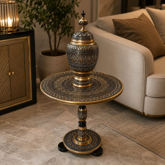 Royal Black & Golden Naqshi Art Handmade Wooden Coffee Table with Candy Jar
