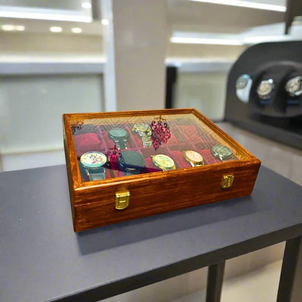 Wooden Handwork Watch Box Black and Red Velvet