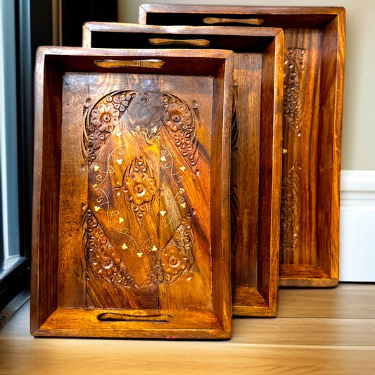 Wooden Tray set of 3 carving Art